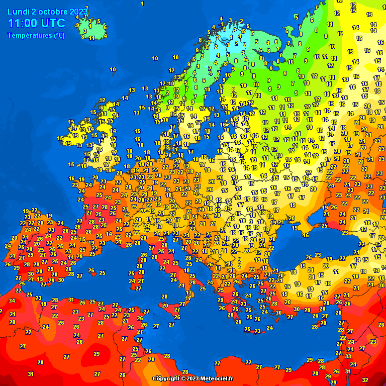 temperatures-Europe Temperatures Europe at noontime (Temperaturile pranzului în Europa)