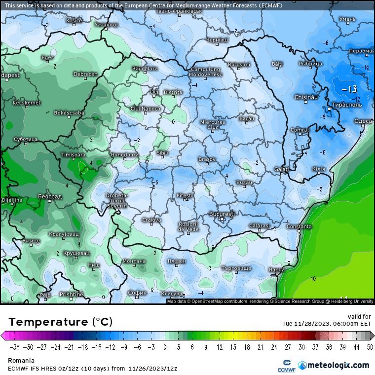 Temperaturi-maine-dimineata-21 Prognoza meteo Romania 27 Noiembrie 2023 (Romania weather forecast)