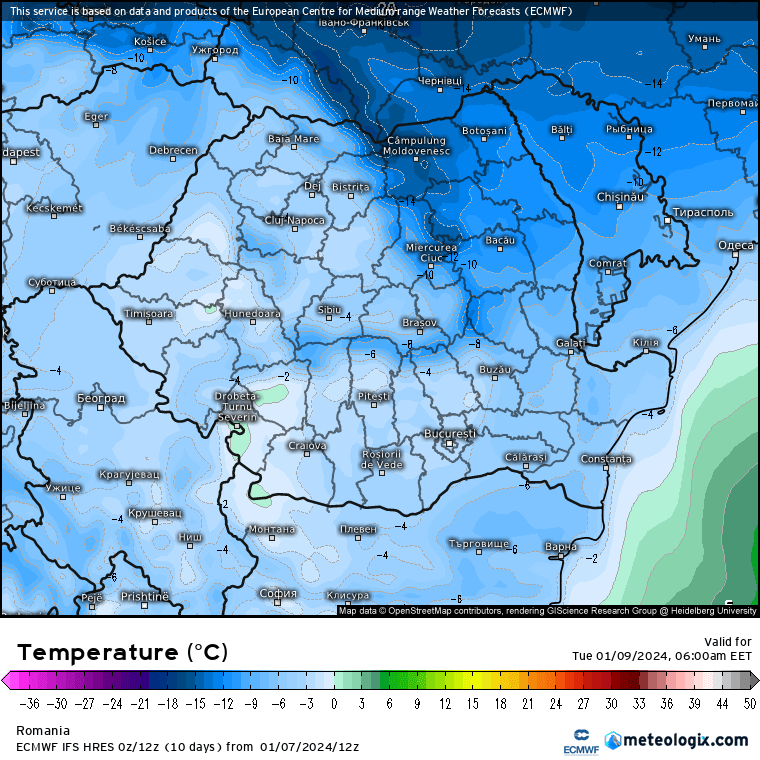 Temperaaturi-maine-dimineata Prognoza meteo Romania 8 Ianuarie 2024 (Romania weather forecast)