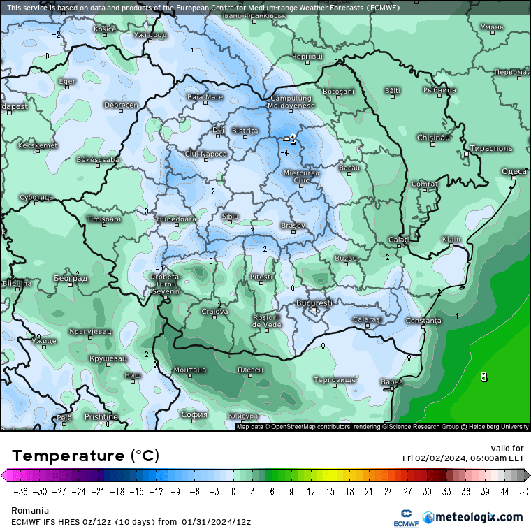 Temperaturi-maine-dimineata Prognoza meteo Romania 1 Februarie 2024 (Romania weather forecast)