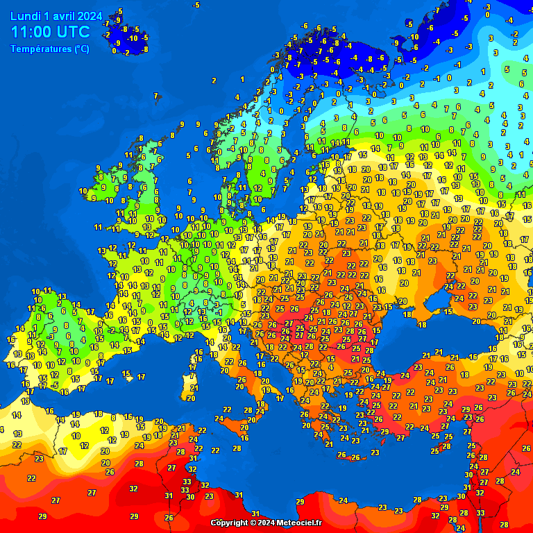 temperatures-Europe Temperatures Europe at noontime (Temperaturile pranzului în Europa)