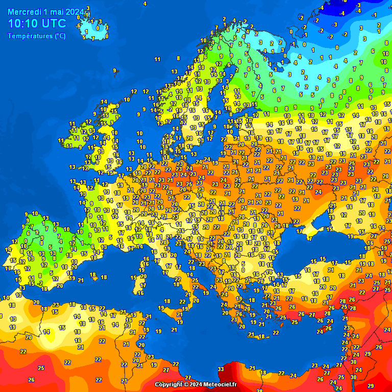 Europe-noontime-temperatures- Europe noontime temperatures - Temperaturi la prânz Europa