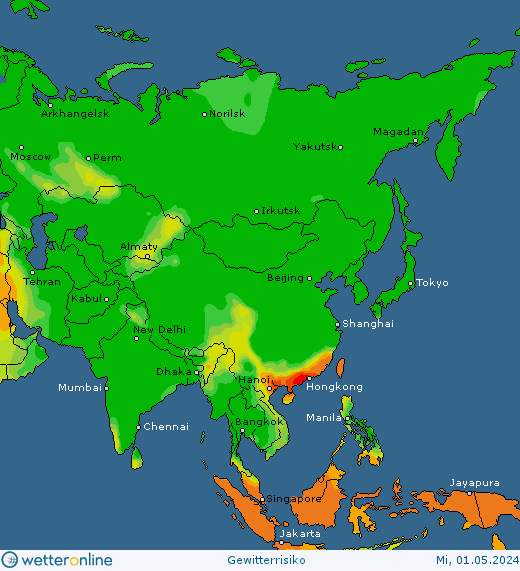 Thunderstorm-Probability_20240501_asia Thunderstorm forecast in Europe, NorthAmerica and Asia