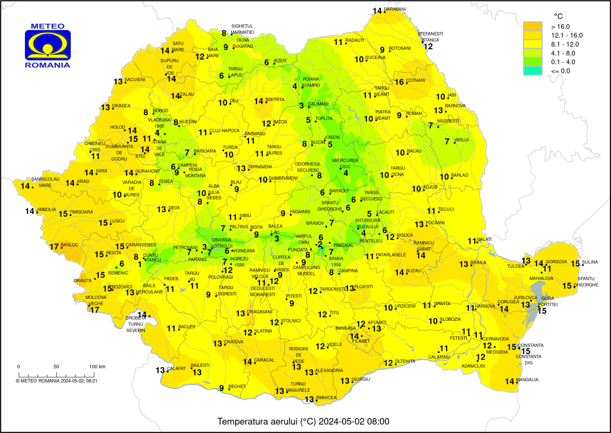 Temperaturile dimineții în România. Temperaturi resimțite.