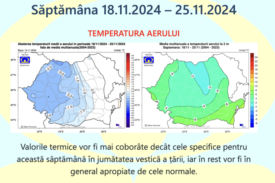 Prognoza meteo Romania 18 Noiembrie – 16 Decembrie 2024. Vreme ușor mai rece.