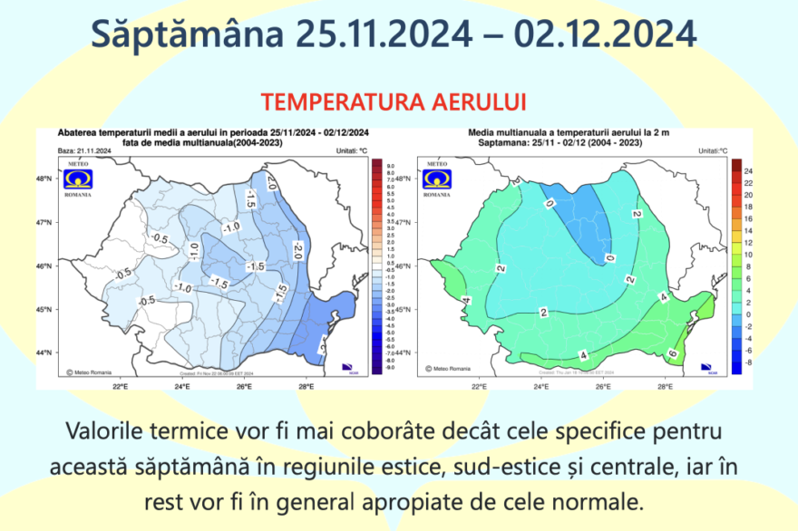 Prognoza meteo Romania 25 Noiembrie – 23 Decembrie 2024. Vreme ușor mai rece.