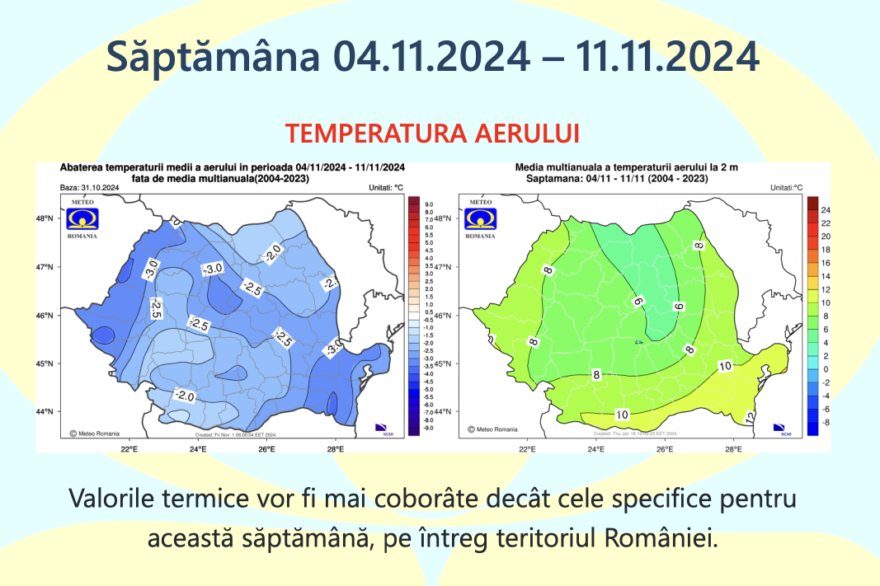 Prognoza meteo Romania 4 Noiembrie – 2 Decembrie 2024. Temperaturile coboară și vreme în general uscată.