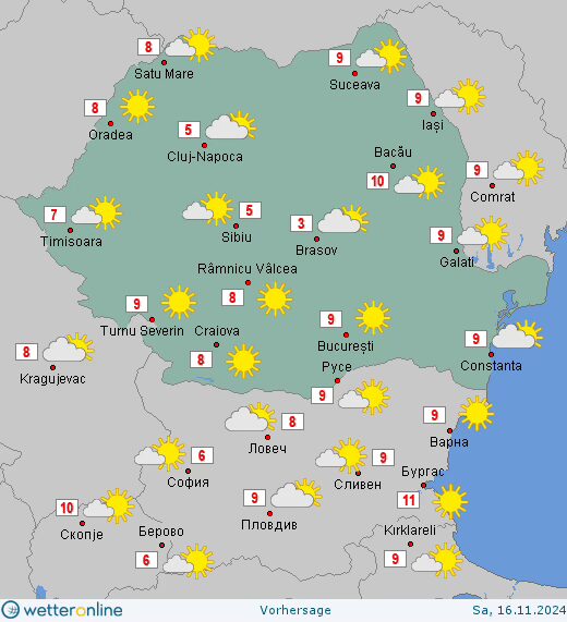 tempImagehggeTR Prognoza meteo România 16 - 17 Noiembrie 2024. Încălzire ușoară a vremii.