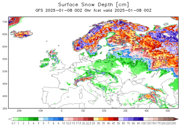 Current Snow and Ice Depth in Europe and USA